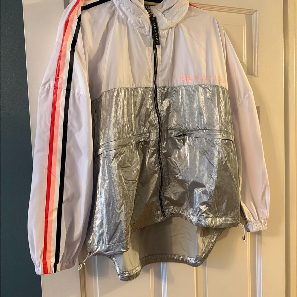 P.E. Nation Silver and White Windbreaker Jacket